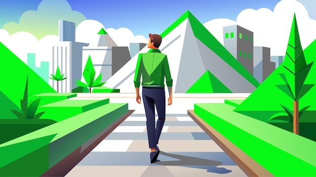 a man walks down a path with green arrows in the background