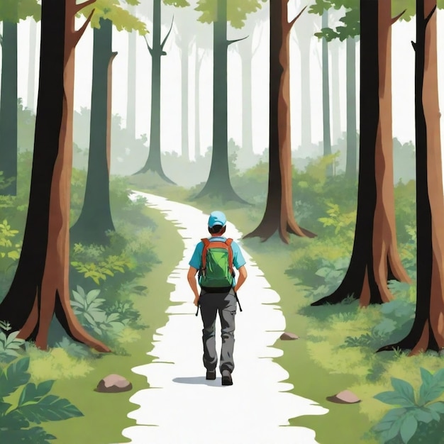 Vector a man walks down a path in the woods with a backpack on his back