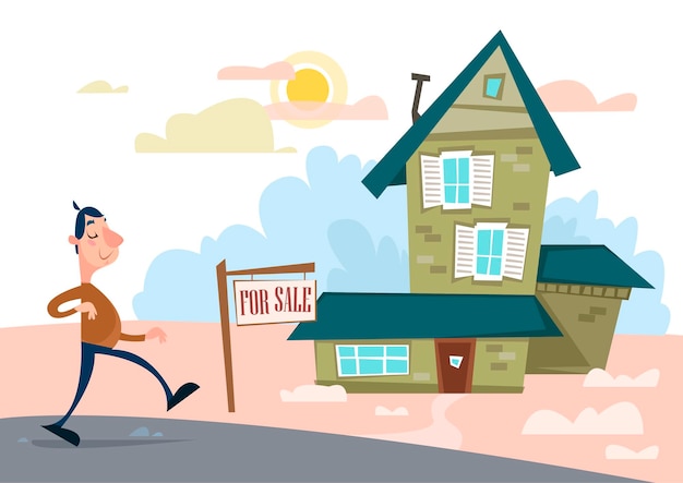 A man walks on his way home Signboard for sale Realtor shows real estate Vector illustration in