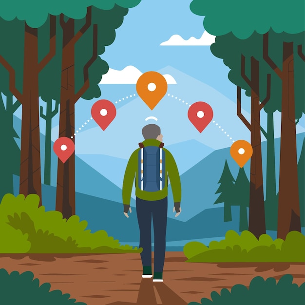 Vector a man walks through a forest with a backpack and a map in the background