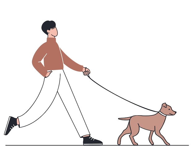 Man walks with his dog. Outline illustration.