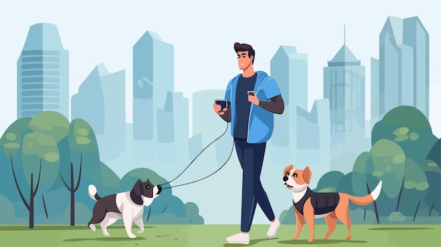 a man walks with his dogs in a park