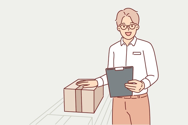 Man warehouse worker stands near conveyor with boxes and holds clipboard checking data on parcels Warehouse manager guy makes career in fulfillment industry and is located near production line