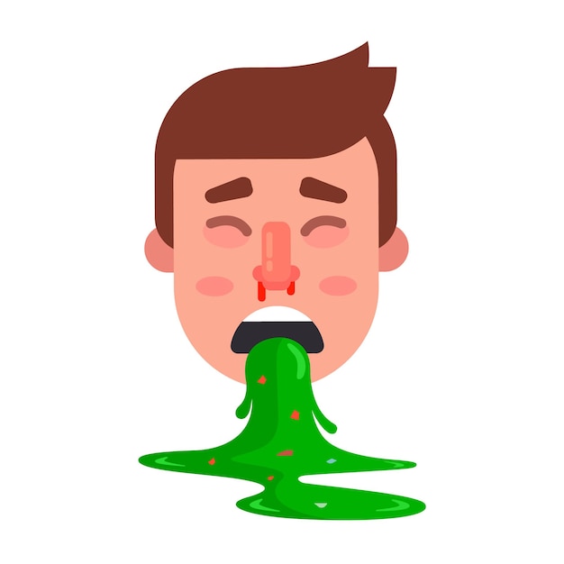 The man was poisoned and began to vomit green liquid. flat vector illustration.