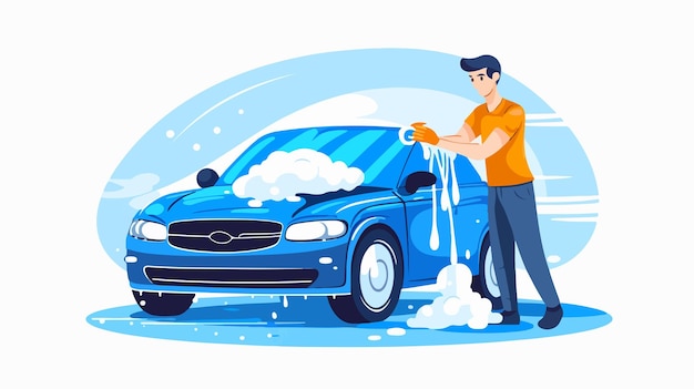 a man washing a car with a spray of water on the hood