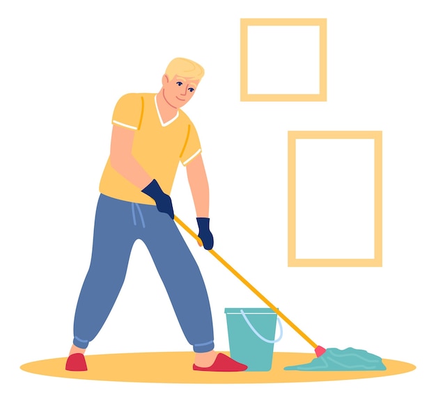 Man washing floor with mop and water bucket House cleaning