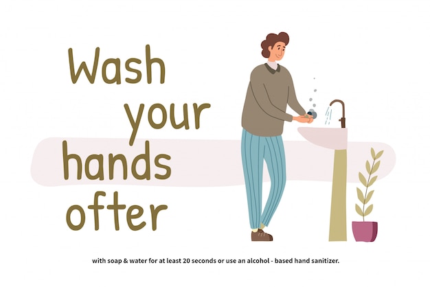 Man washing hands. Perspective young boy standing at the wash basin. Clean hands. Daily Personal Care. Covid-19 prevention.  illustration in flat cartoon style.