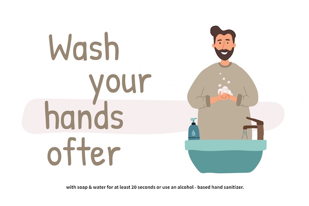 Man washing hands. Perspective young boy standing at the wash basin. Clean hands. Daily Personal Care. Covid-19 prevention.  illustration in flat cartoon style.