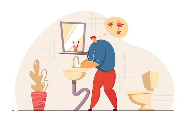 Man washing hands in restroom. Male cartoon character thinking of getting virus flat vector illustration. Hand hygiene, coronavirus prevention concept for banner, website design or landing web page