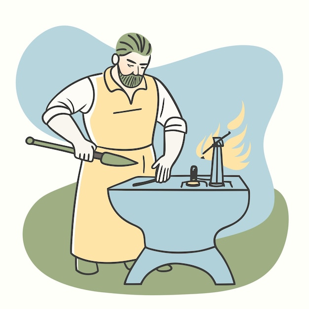 Vector a man washing a toilet with a hammer and fire in the background