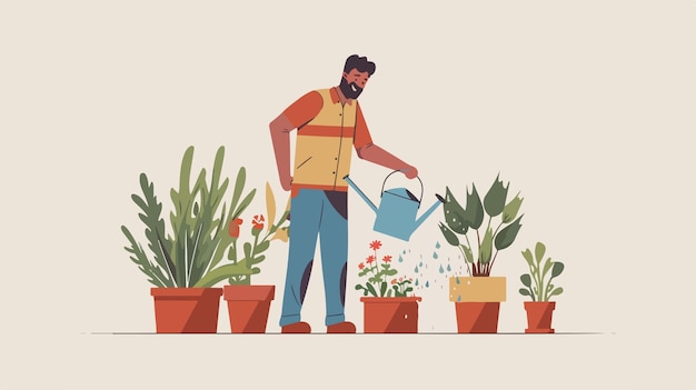 a man watering plants with a bucket of water