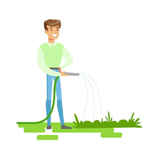 Man Watering Plants With Hose Contributing Into Environment Preservation By Using EcoFriendly Ways Illustration