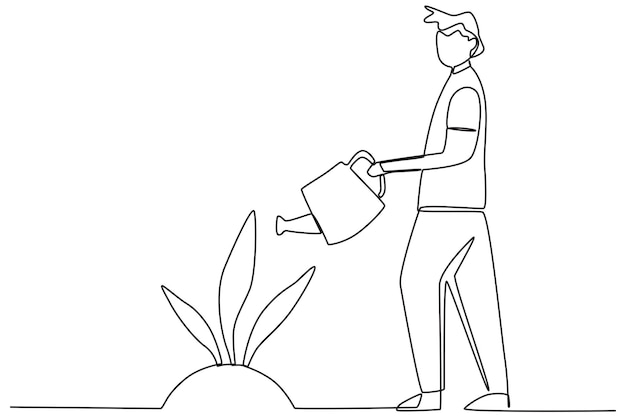 A man watering plants World environment day oneline drawing