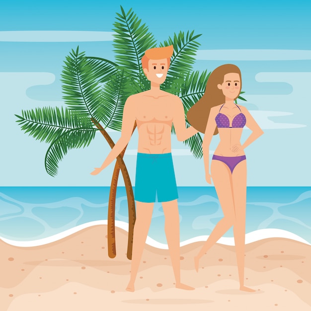 Man wearing bathing shorts and woman with swimsuit and palms trees