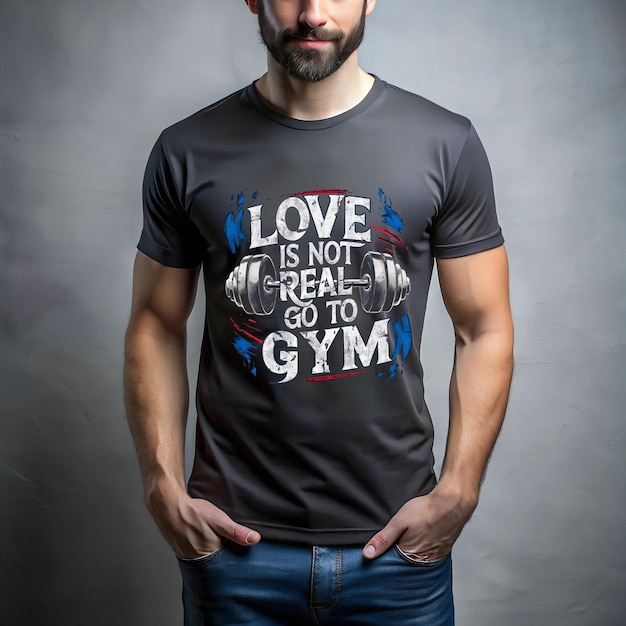 a man wearing a black shirt that says love is not real go to GYM