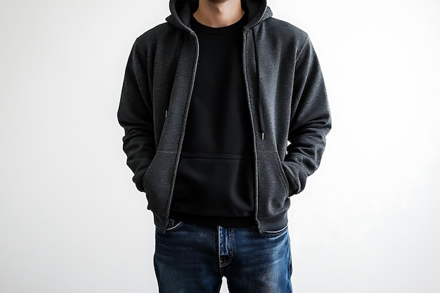 a man wearing a black sweatshirt with a hoodie on it