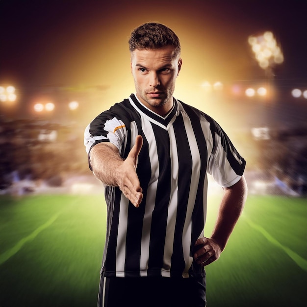 a man wearing a black and white striped shirt with the word quot referee quot on the front