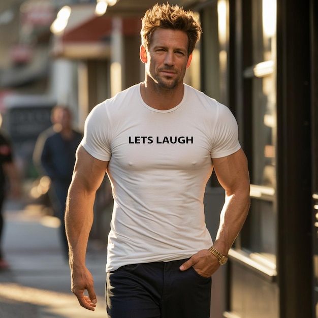 A man wearing a black and white t shirt that says lets work together