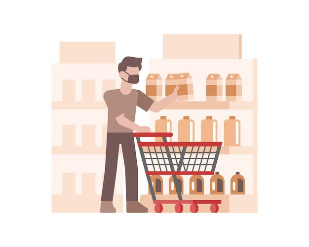 A man wearing a face mask and shopping in supermarket illustration