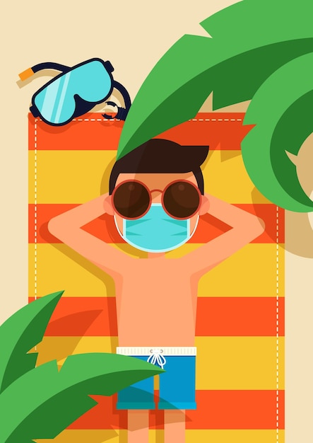 Man wearing face mask sunbathing on his towel with palm trees leaves on the foreground illustration