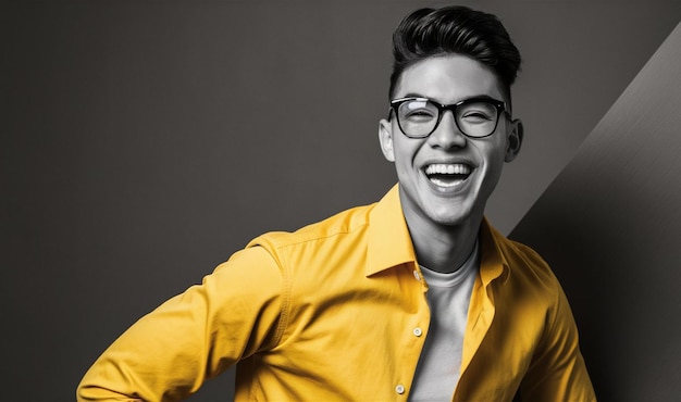 Vector a man wearing glasses and a yellow shirt with a shirt that says quot hes smiling quot