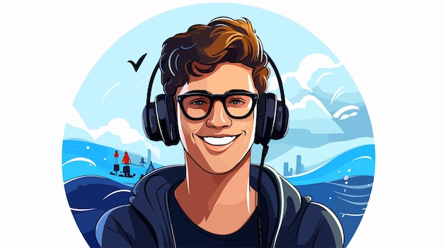 Vector a man wearing headphones and smiling in front of a ship