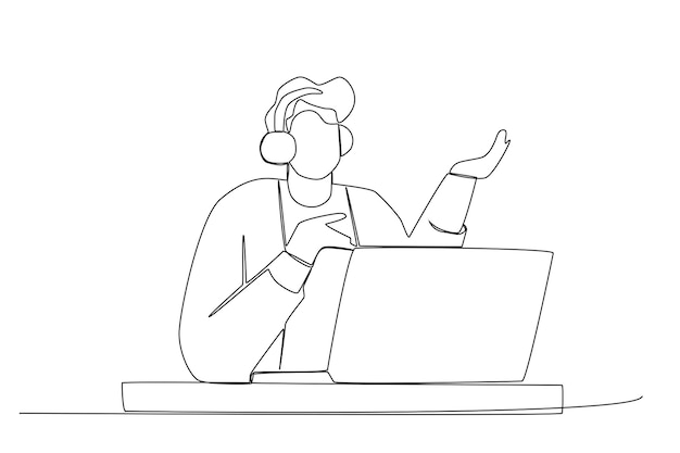 A man wearing headphones talking in front of a laptop one line art