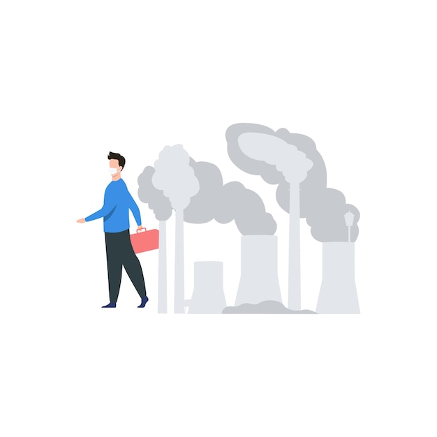 Vector man wearing a mask and a blue sweater walks away from a factory with smoke stacks in the background.