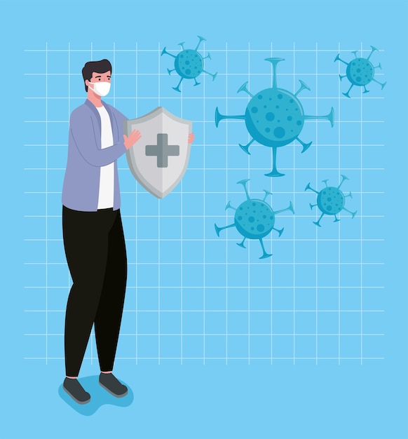 Man wearing medical mask lifting shield and particles immune system  illustration 