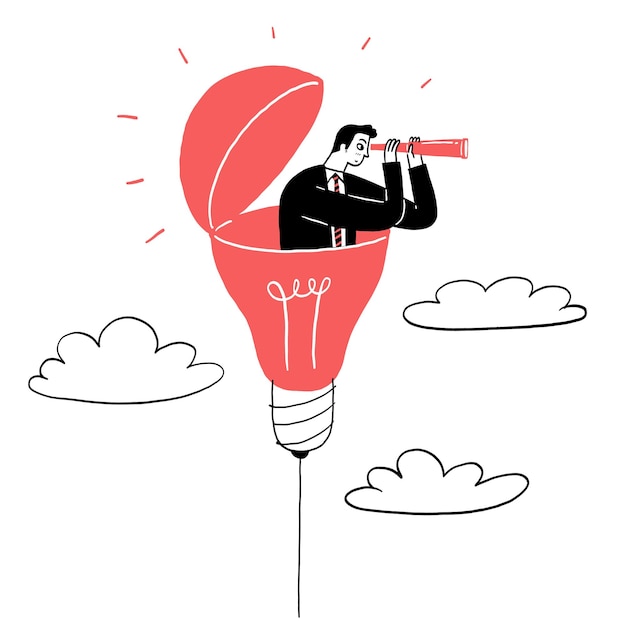 Vector a man wearing suit standing inside a light bulb looking through a telescope clouds around him