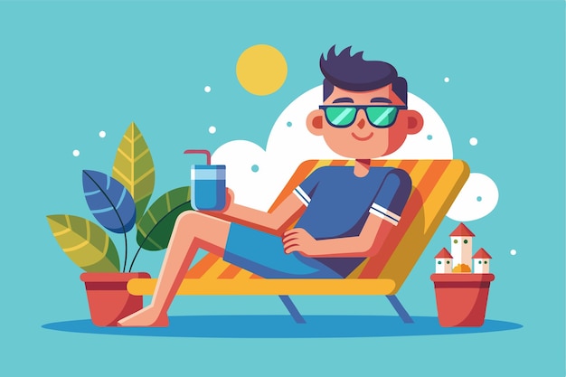 Vector a man wearing sunglasses relaxes in a lounger with a drink enjoying the sunny day chilling customizable disproportionate illustration