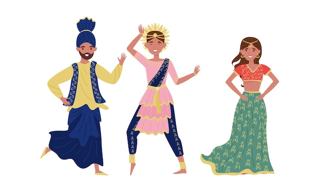 Vector man wearing turban and woman in sari as traditional indian clothing vector illustration set