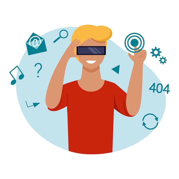 Vector a man wearing virtual reality glasses. vector illustration in a flat style. modern technologies and cyberspace.