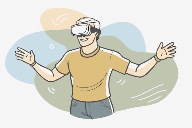 a man wearing a virtual reality headset is smiling