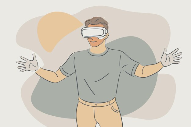 Vector a man wearing a virtual reality headset with his arms outstretched