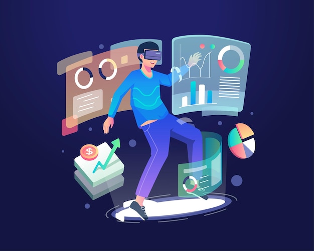 A man wearing VR headset interacts with data charts and analysis screen in cyberspace illustration