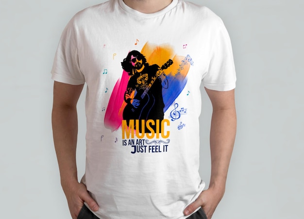 Vector a man wearing a white shirt that says music just feel happy