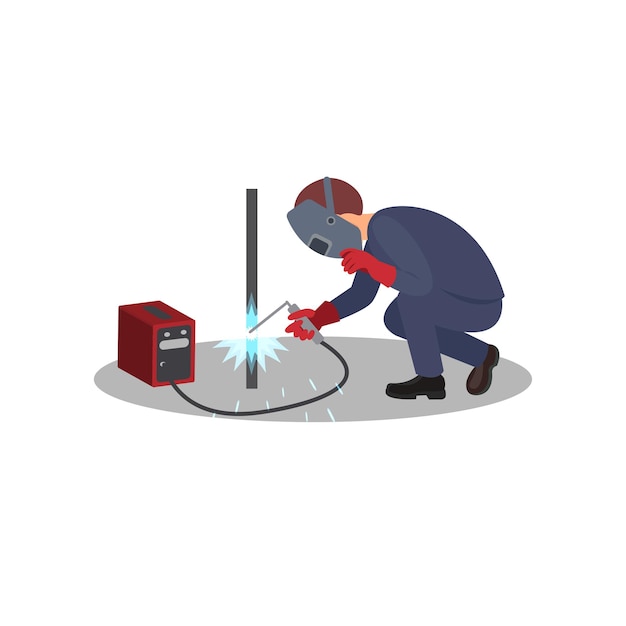 Man welds metal stick construction works Professional welder at work Worker in welding mask and protective gloves Flat vector design