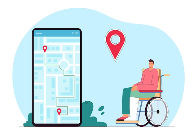 Man in wheelchair using navigation or taxi app on phone. Male character with physical disability making route on city map flat vector illustration. Transportation, mobility concept for banner