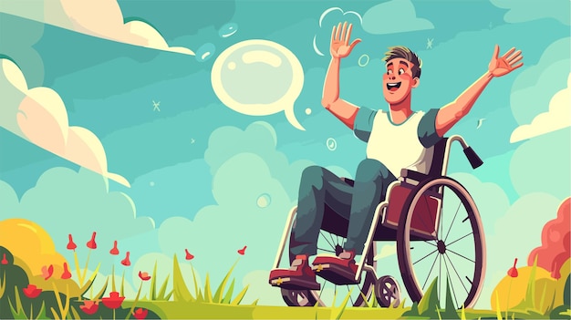 a man in a wheelchair waving and waving