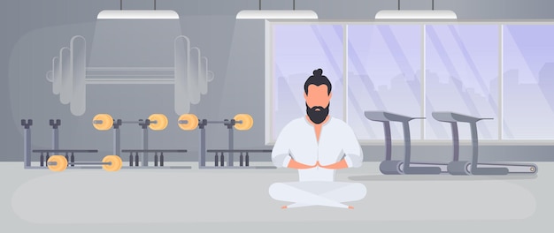 A man in a white kimono meditates. Kung Fu Master. The guy is doing yoga. Vector.