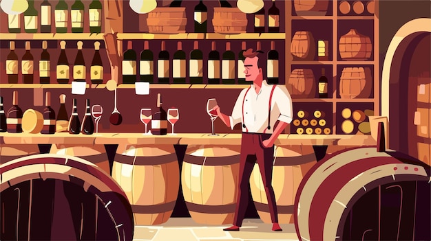 Vector man in wine shop holding glass near barrels