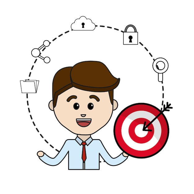 man with arrow target and technology icons data