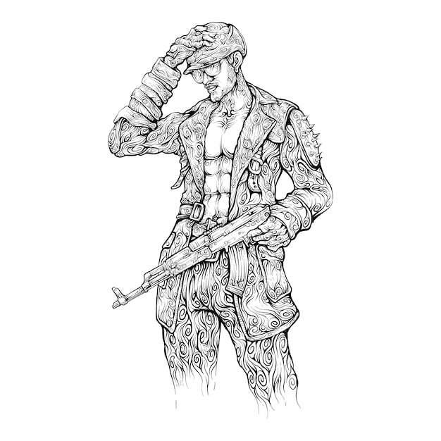 Man with assault rifle and helm in hand drawing cruly style