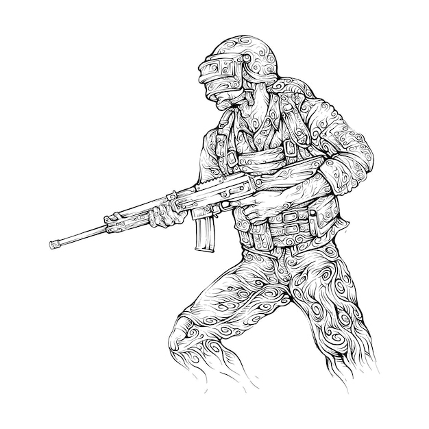 Man with assault rifle and helm in hand drawing curly style