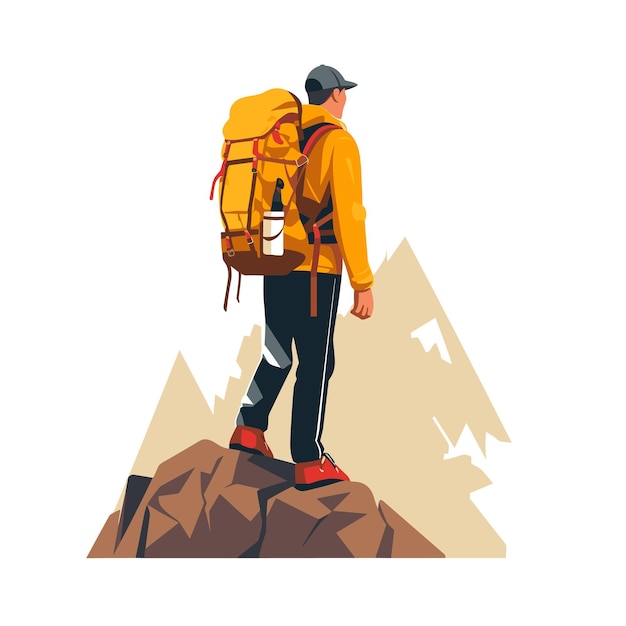 A man with a backpack on his back climbs uphill