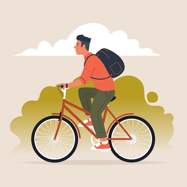 Man with a backpack behind his back rides a bicycle. Active lifestyle. Vector illustration in a flat style