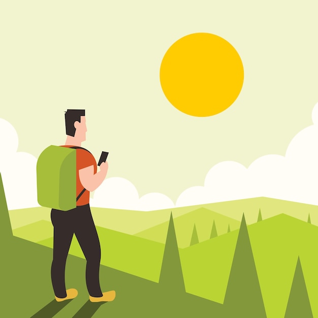 Man with a backpack and mobile phone in the mountains Vector illustration