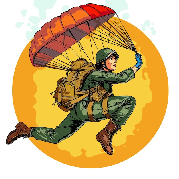 Vector a man with a backpack and a parachute with a red and blue background