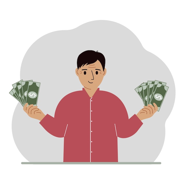 A man with banknotes in both hands The concept of wealth Vector flat illustration